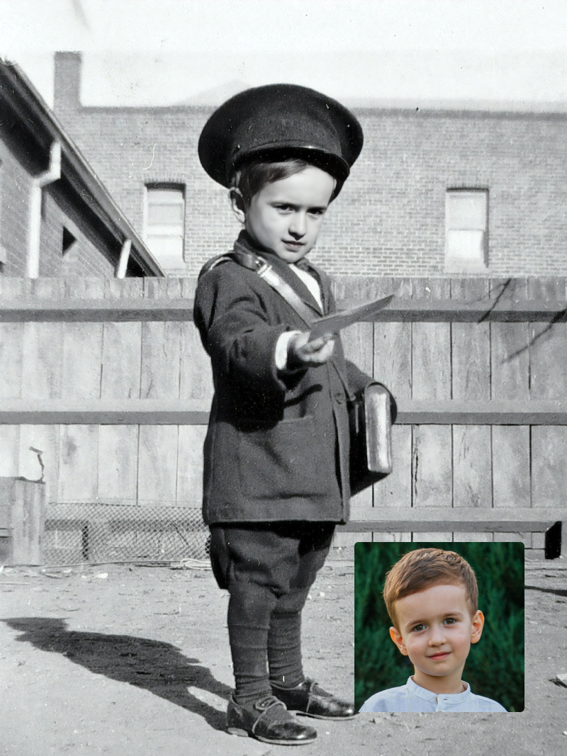 A vintage-style photo of a little boy in 19th-century military attire, created with an online AI face-swap tool.